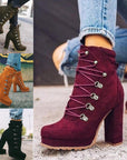 Chic Lace-Up Round Toe Heeled Boots for Women