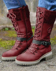 Large-size mid-leg women's boots new winter round head square heel leather buckle wool splicing Martens boots