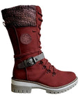 Large-size mid-leg women's boots new winter round head square heel leather buckle wool splicing Martens boots