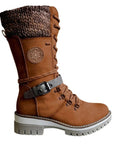 Large-size mid-leg women's boots new winter round head square heel leather buckle wool splicing Martens boots