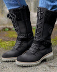 Large-size mid-leg women's boots new winter round head square heel leather buckle wool splicing Martens boots