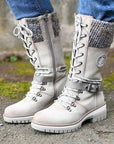 Large-size mid-leg women's boots new winter round head square heel leather buckle wool splicing Martens boots