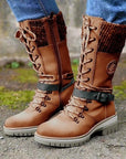 Large-size mid-leg women's boots new winter round head square heel leather buckle wool splicing Martens boots