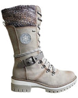 Large-size mid-leg women's boots new winter round head square heel leather buckle wool splicing Martens boots