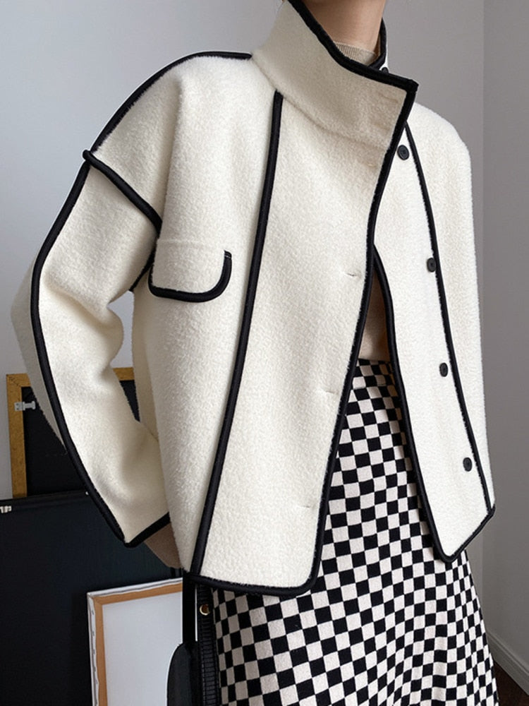 Women Stand Contrast Color Spliced Design Female Versatile Short Jackets