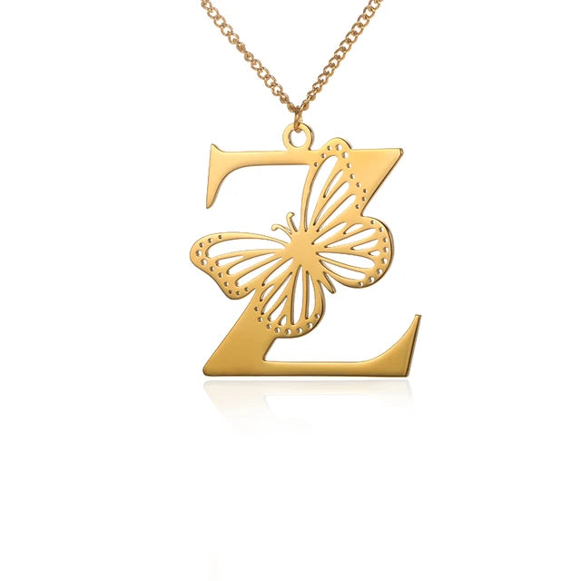 Dainty Big Butterfly Letters Necklaces For Women Girl Jewelry Stainless Steel Chain Initial Pendant Necklace Best Accessories