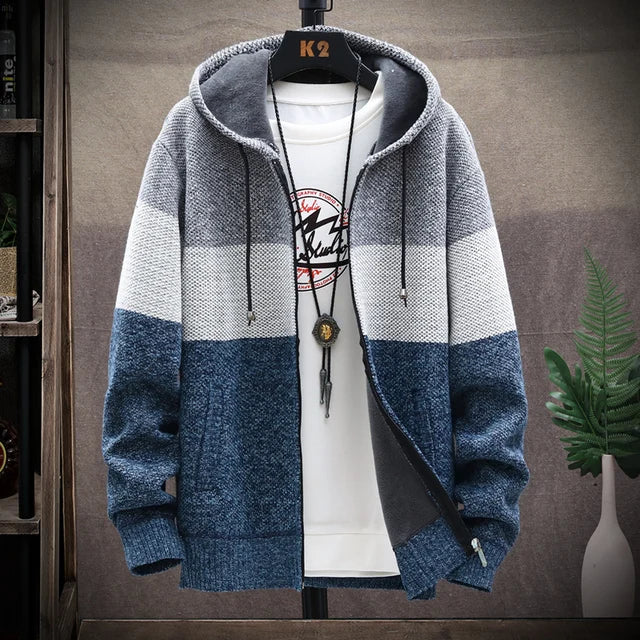 Men's Knit Sweater Fleece Jacket – Striped Hoodie, Thick Warm Winter Windbreaker Pullover