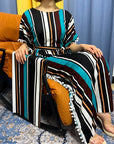 DDIIRO Womens Printed Vertical Stripe Tassels Elasticity Loose Fit Femme Robe African Woman Dresses With Belt Headscarf