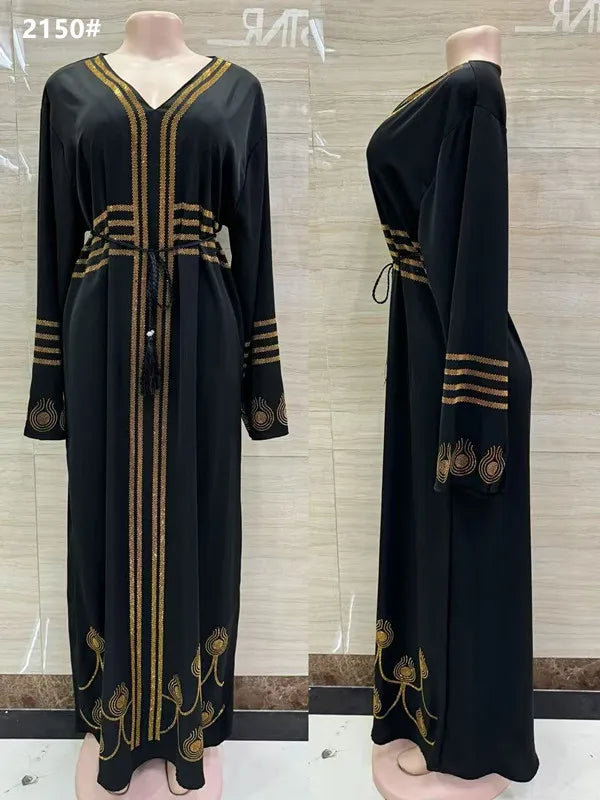 DDIIRO Ethnic V-Neck Dress – Loose Fit with Diamond Belt, Luxury Fashion in XXL/XXXL