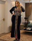 Royal Blue Velvet African Maxi Dress – Plus Size | Long Sleeve, Sequin Detail, Tiger Back Design