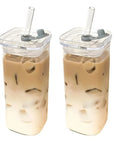 2PCS Square Heat Resistant Coffee Glass Cup With Lid and Straw Transparent Milk Tea Juice Cups Coffee Mug For Home Bar Drinkware