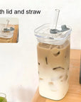 2PCS Square Heat Resistant Coffee Glass Cup With Lid and Straw Transparent Milk Tea Juice Cups Coffee Mug For Home Bar Drinkware