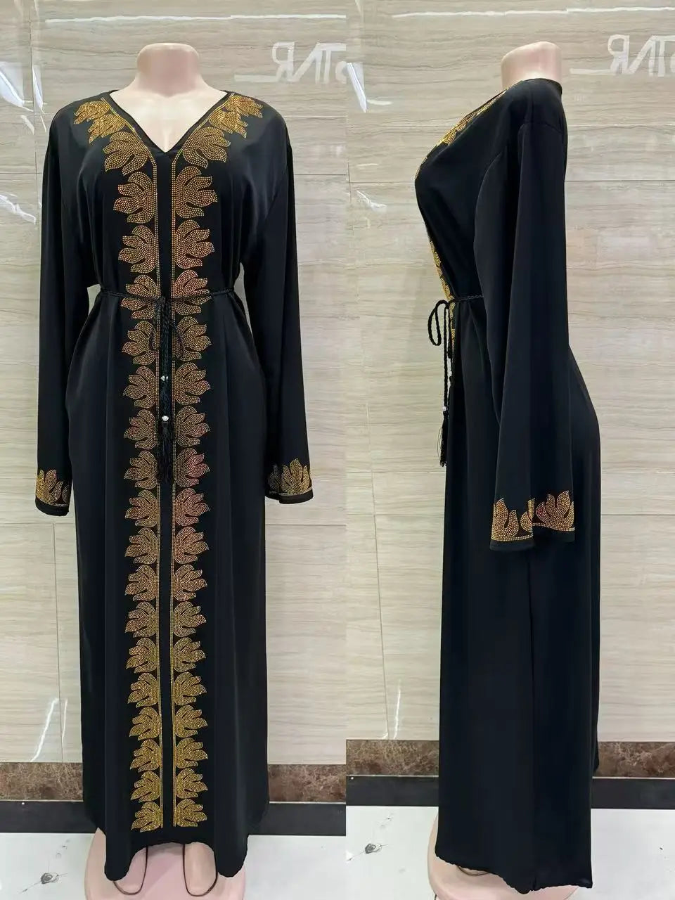 DDIIRO Ethnic V-Neck Dress – Loose Fit with Diamond Belt, Luxury Fashion in XXL/XXXL