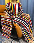DDIIRO Womens Printed Vertical Stripe Tassels Elasticity Loose Fit Femme Robe African Woman Dresses With Belt Headscarf