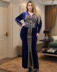Royal Blue Velvet African Maxi Dress – Plus Size | Long Sleeve, Sequin Detail, Tiger Back Design