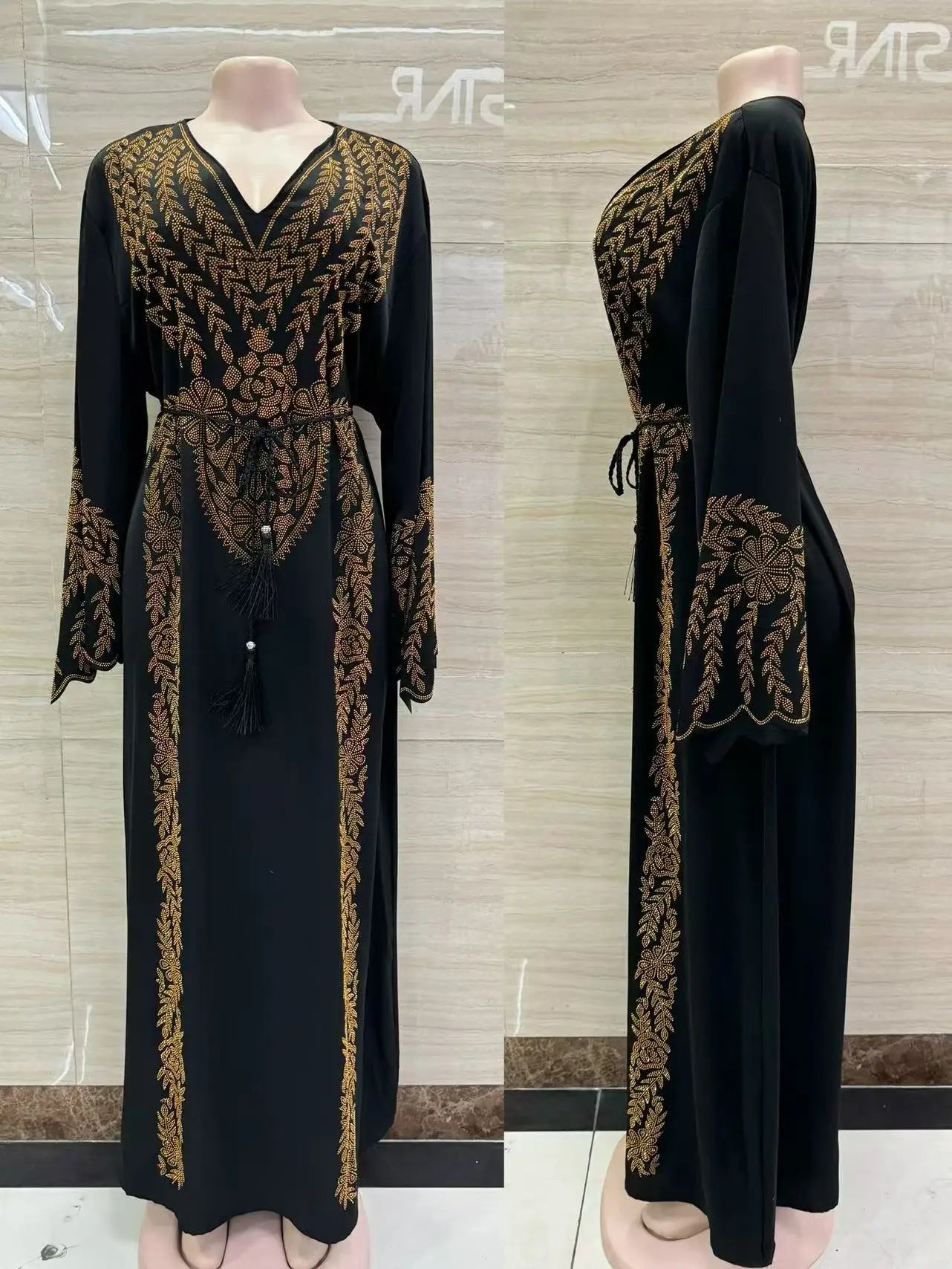 DDIIRO Ethnic V-Neck Dress – Loose Fit with Diamond Belt, Luxury Fashion in XXL/XXXL