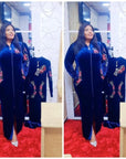 Royal Blue Velvet African Maxi Dress – Plus Size | Long Sleeve, Sequin Detail, Tiger Back Design