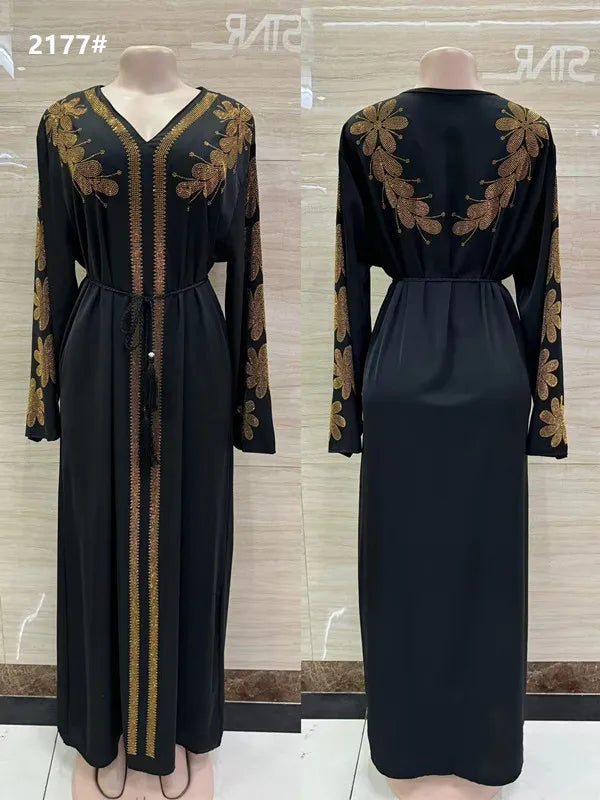 DDIIRO Ethnic V-Neck Dress – Loose Fit with Diamond Belt, Luxury Fashion in XXL/XXXL