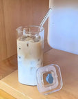 2PCS Square Heat Resistant Coffee Glass Cup With Lid and Straw Transparent Milk Tea Juice Cups Coffee Mug For Home Bar Drinkware