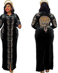 Royal Blue Velvet African Maxi Dress – Plus Size | Long Sleeve, Sequin Detail, Tiger Back Design