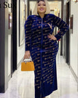 Royal Blue Velvet African Maxi Dress – Plus Size | Long Sleeve, Sequin Detail, Tiger Back Design