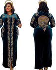Royal Blue Velvet African Maxi Dress – Plus Size | Long Sleeve, Sequin Detail, Tiger Back Design