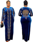 Royal Blue Velvet African Maxi Dress – Plus Size | Long Sleeve, Sequin Detail, Tiger Back Design