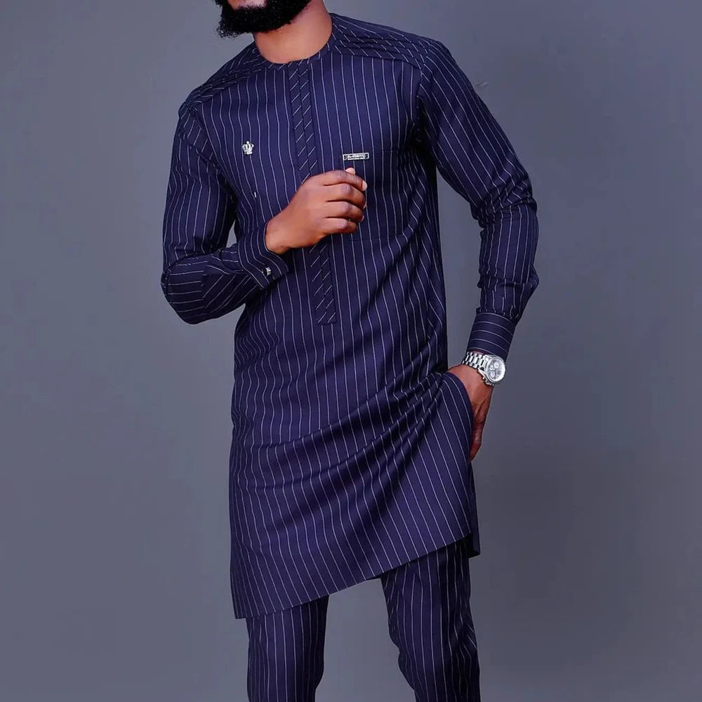 Dashiki African Clothing For Men Casual Green Geometric Print Suit Long Sleeve Shirt Trouser African Suit For Men Set 2 Pieces