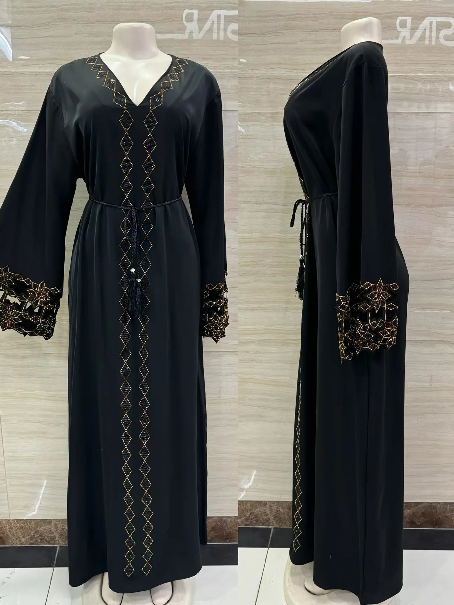 DDIIRO Ethnic V-Neck Dress – Loose Fit with Diamond Belt, Luxury Fashion in XXL/XXXL