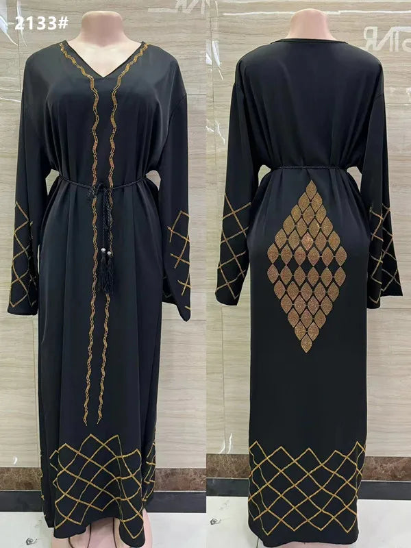 DDIIRO Ethnic V-Neck Dress – Loose Fit with Diamond Belt, Luxury Fashion in XXL/XXXL