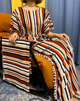 DDIIRO Womens Printed Vertical Stripe Tassels Elasticity Loose Fit Femme Robe African Woman Dresses With Belt Headscarf