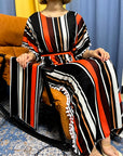 DDIIRO Womens Printed Vertical Stripe Tassels Elasticity Loose Fit Femme Robe African Woman Dresses With Belt Headscarf