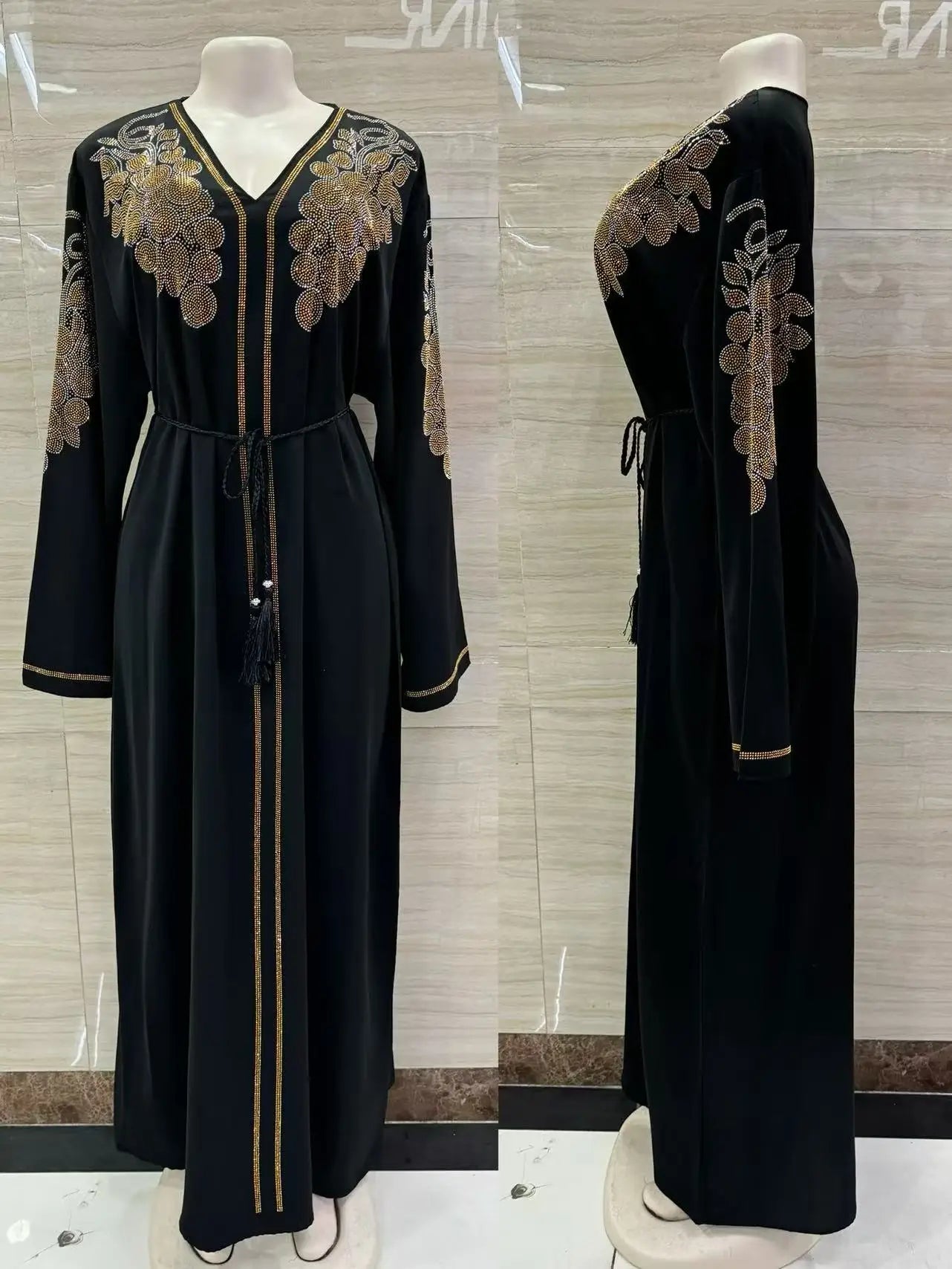 DDIIRO Ethnic V-Neck Dress – Loose Fit with Diamond Belt, Luxury Fashion in XXL/XXXL