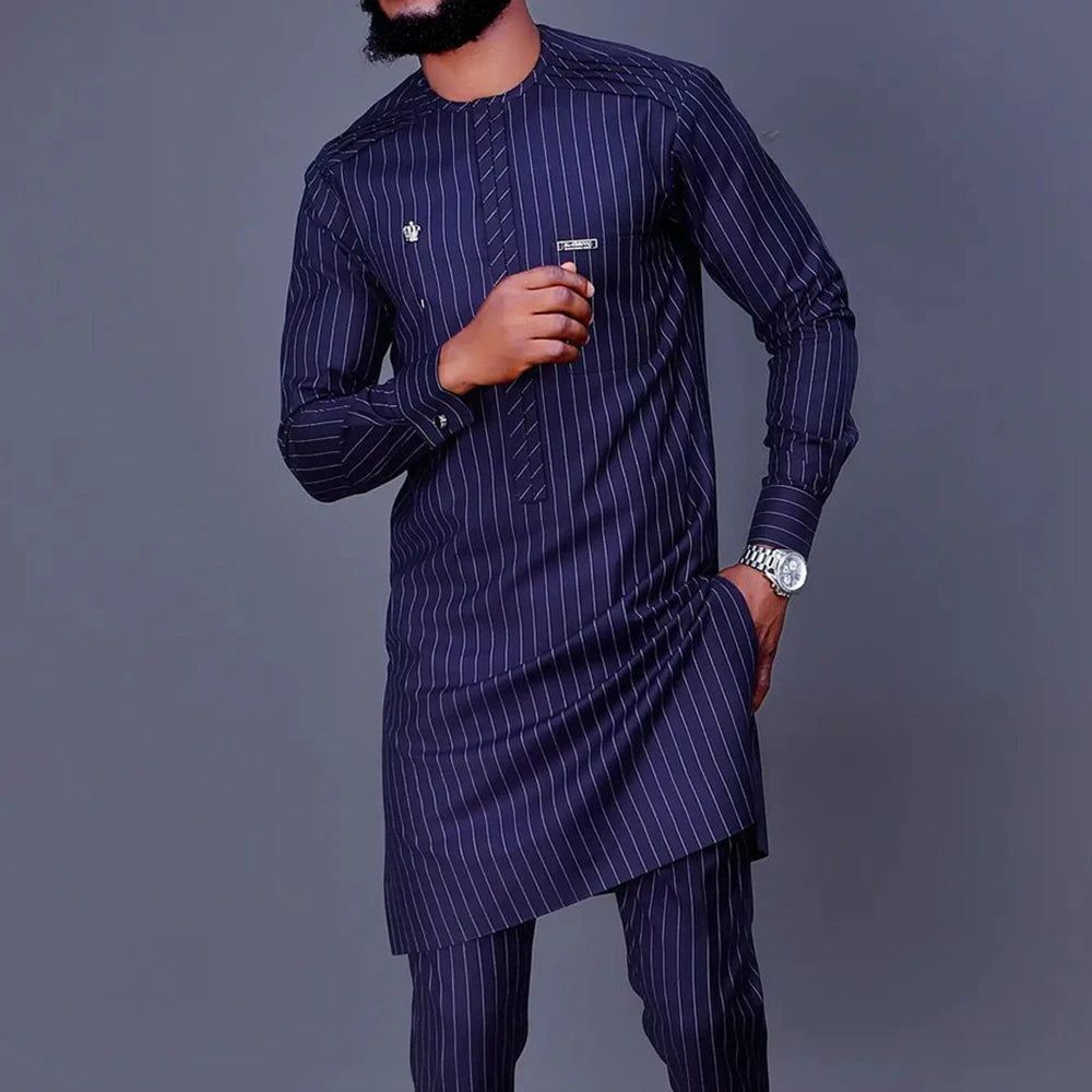 Dashiki African Clothing For Men Casual Green Geometric Print Suit Long Sleeve Shirt Trouser African Suit For Men Set 2 Pieces