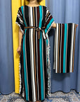 DDIIRO Womens Printed Vertical Stripe Tassels Elasticity Loose Fit Femme Robe African Woman Dresses With Belt Headscarf