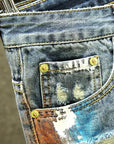 Men's Short Jeans Pants Multi Color Ripped Graffiti Male Denim Shorts Korean Fashion Blue New in Cut Emo Trend 2024 Original Xl