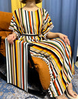 DDIIRO Womens Printed Vertical Stripe Tassels Elasticity Loose Fit Femme Robe African Woman Dresses With Belt Headscarf