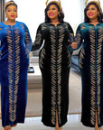 Royal Blue Velvet African Maxi Dress – Plus Size | Long Sleeve, Sequin Detail, Tiger Back Design