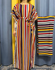 DDIIRO Womens Printed Vertical Stripe Tassels Elasticity Loose Fit Femme Robe African Woman Dresses With Belt Headscarf