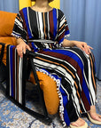 DDIIRO Womens Printed Vertical Stripe Tassels Elasticity Loose Fit Femme Robe African Woman Dresses With Belt Headscarf