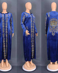 Royal Blue Velvet African Maxi Dress – Plus Size | Long Sleeve, Sequin Detail, Tiger Back Design