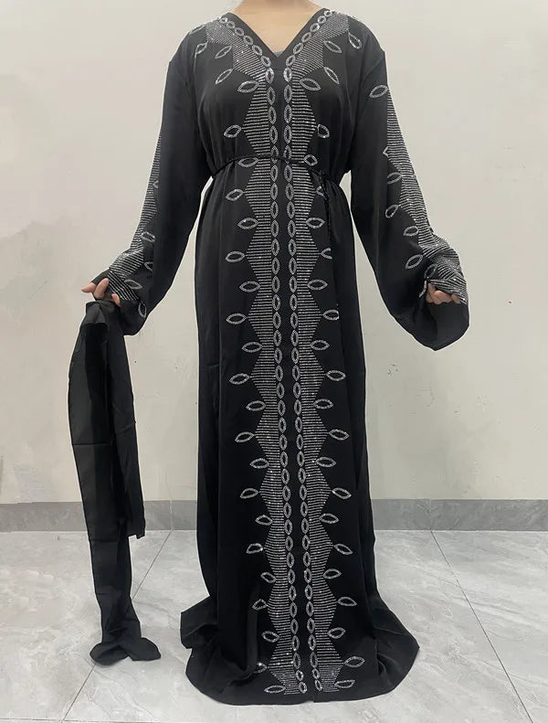 DDIIRO Ethnic V-Neck Dress – Loose Fit with Diamond Belt, Luxury Fashion in XXL/XXXL