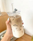 2PCS Square Heat Resistant Coffee Glass Cup With Lid and Straw Transparent Milk Tea Juice Cups Coffee Mug For Home Bar Drinkware