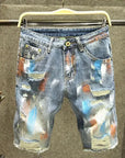 Men's Short Jeans Pants Multi Color Ripped Graffiti Male Denim Shorts Korean Fashion Blue New in Cut Emo Trend 2024 Original Xl
