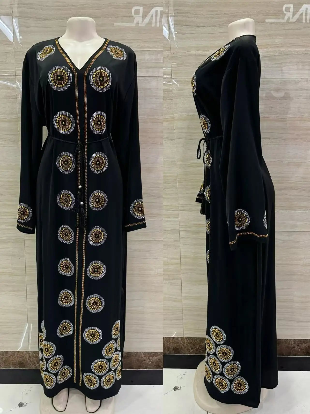 DDIIRO Ethnic V-Neck Dress – Loose Fit with Diamond Belt, Luxury Fashion in XXL/XXXL