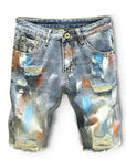 Men's Short Jeans Pants Multi Color Ripped Graffiti Male Denim Shorts Korean Fashion Blue New in Cut Emo Trend 2024 Original Xl