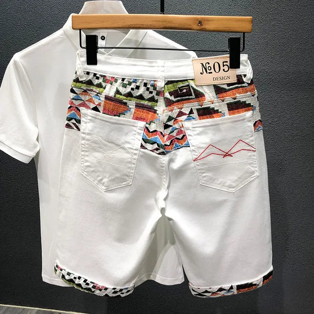 Vintage-Inspired Denim Shorts for Men – Embroidered & Ripped Knee-Length Shorts in White, Black, and Retro Blue