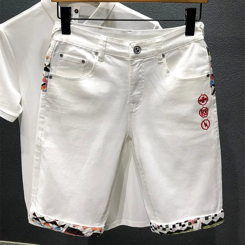 Vintage-Inspired Denim Shorts for Men – Embroidered & Ripped Knee-Length Shorts in White, Black, and Retro Blue