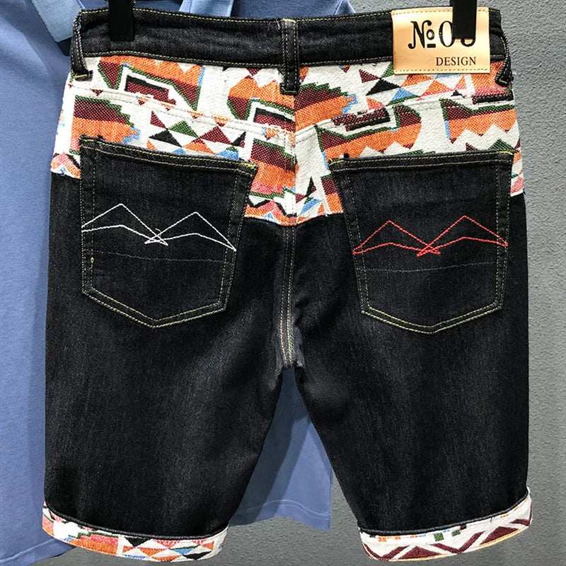 Vintage-Inspired Denim Shorts for Men – Embroidered & Ripped Knee-Length Shorts in White, Black, and Retro Blue