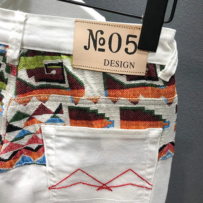 Vintage-Inspired Denim Shorts for Men – Embroidered & Ripped Knee-Length Shorts in White, Black, and Retro Blue